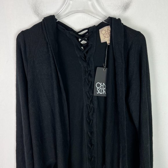 NWT Chaser Long Sleeve Lace Back Hooded Open Cardigan Black Size Medium M NEW - Picture 2 of 11